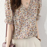 V-Neck Shirring Hem Floral Blouse
