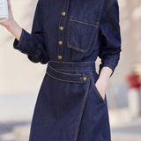 Casual Lapel Waist-Tied Long Sleeve Denim Dress