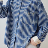 Elegant Casual Color‑Blocked Lapel Long‑Sleeve Striped Shirt