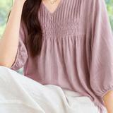 Casual Accordion Pleat V-Neck Cotton Linen Top