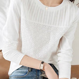 Round Neck Flower Embroidered Lace Contrast Blouse