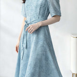 Elegant Commuter Jacquard Sequin Tie Waist Dress
