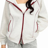 Casual Color Contrast Stitched Hooded Zipper Long Sleeve Coat
