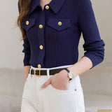 Elegant Ribbed Trim Flap Pocket Knit Cardigan