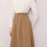 Elegant Crew Neck Vertical Pleat Long‑Sleeve Spliced Dress
