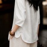 Elegant Commuter Crew Neck Satin Jacquard Three-Quarter Sleeve Blouse