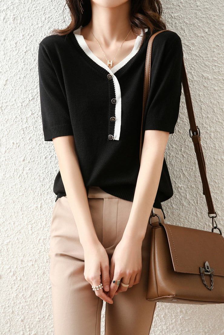 Bi-Color V-Neck Button Decor Knit Top - liwisi