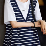 Casual Commuter V-neck Stripe Fake Two-piece T-shirt
