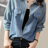 Casual Vertical Stripe Spliced Shirt With Flap Patch Pockets