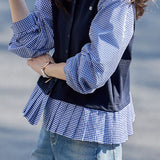 Elegant Commuter Fake Two‑Piece Crew Neck Plaid Long‑Sleeve Shirt