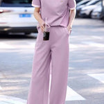 Casual color-block short-sleeve long pants two-piece set. - liwisi