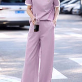 Casual color-block short-sleeve long pants two-piece set. - liwisi
