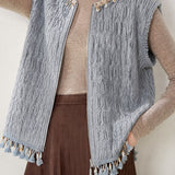 Exquisite Crew Neck Sleeveless Knit Vest With Beaded Tassel Details