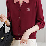Color‑Blocked Polo Collar Bow Button Faux Two‑Piece Knit Cardigan