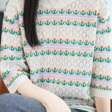 Exquisite Commuter Diamond Hollow Jacquard Crew Neck Elbow Sleeve Knit Top