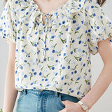 Fresh Casual Ruffled Tie Floral Blouse