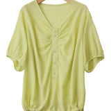V-Neck Front Button Decor Drawstring Gathered Blouse - 3 Colors Available