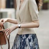 Elegant Commuter V-Neck Double Breasted Gold Button Waist-Cinched Knit Top