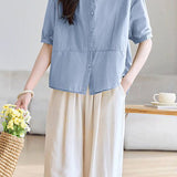 French Elegant Mandarin Collar Short Sleeve Blouse