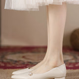 Genuine Leather Pearl Decor Low Heel Pumps - 2 Colors Available