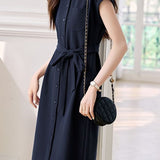 Minimalist Commuter Lapel Capped Sleeve Shirt Dress