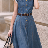 Vintage Stitched Denim Dress With Metal Buttons