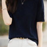Elegant Commuter Crew Neck Hollow-Out Short-Sleeve Knit Top
