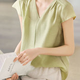 Commuter Ruched V-Neck Mulberry Silk Blend Blouse