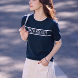 Elegant Commuter Ice Silk Crew Neck Jacquard Letter Color Block Short-Sleeve Knit Top