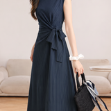 Elegant Commuter Vertical Striped Tie Sleeveless Dress