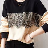 Round Neck Bi-Color Embroidered Lace Decor Sweatshirt