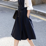 Exquisite Commuter Faux Two-Piece Vertical Striped Lapel Double-Breasted Dress