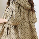 Casual Commuter Hooded Printed Elastic‑Waist Long‑Sleeve Coat