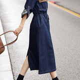 Casual Lapel Drawstring Tie Long Sleeve Denim Dress