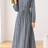 Elegant Lapel Drawstring Waist Plaid Midi Dress