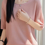 Elegant Tencel Lyocell Hollow-Out Cuffed Crew Neck Knit Top