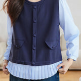 Exquisite Elegant Pleated Color-Blocked Knit Top