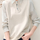 Elegant Fake Two‑Piece Striped Spliced Lace‑Trimmed Knit Top