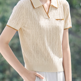 Elegant Commuter Wavy Hollow Contrast Polo Neck T-Shirt