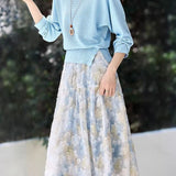 Elegant Batwing Sleeve Knit Top With Printed Skirt Set
