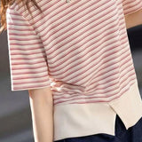 Casual Color Block Spliced Striped Short Sleeve T-Shirt