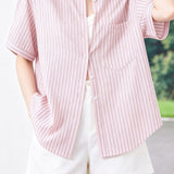 Casual Commuter Striped Lapel Short-Sleeve Blouse