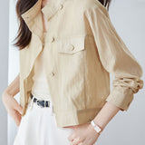 Casual Commuter Cropped Thin Long-Sleeve Cargo Jacket With Stand Collar & Double Patch Pockets
