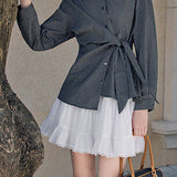 Elegant Casual Lapel Tie Waist Plaid Long-Sleeve Blouse