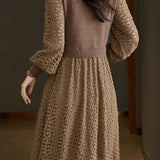 Mixed Material Heart Double Button Knit Dress - 3 Colors Available