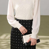 Exquisite Commuter Jacquard Beaded Spliced Chiffon Long-Sleeve Blouse