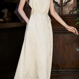 Elegant Commuter Floral Jacquard Sleeveless Tie Satin Dress
