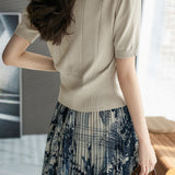 Elegant Commuter V-Neck Double Breasted Gold Button Waist-Cinched Knit Top