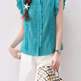 Elegant Commuter Cross Ruched Flutter Sleeve Blouse