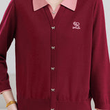 Color‑Blocked Polo Collar Bow Button Faux Two‑Piece Knit Cardigan